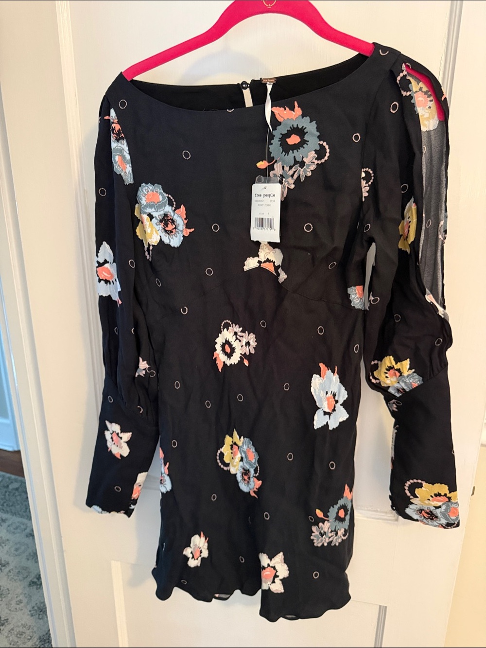 Free People Black Mini Dress with Blue, Yellow & Pink Floral Accents